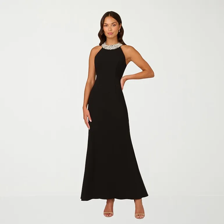 Papell Boutique Womens Halter Neck Sleeveless Embellished Evening Gown