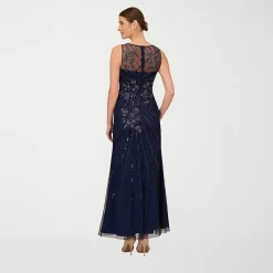 Papell Boutique Womens Round Neck Sleeveless Beaded Embellished Evening Gown