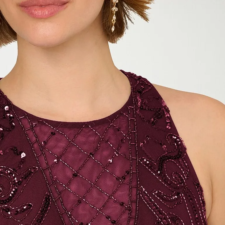 Papell Boutique Womens Round Neck Sleeveless Beaded Embellished Evening Gown