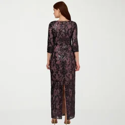 Papell Boutique Womens V Neck 3/4 Sleeve Fitted Beaded Embellished Evening Gown