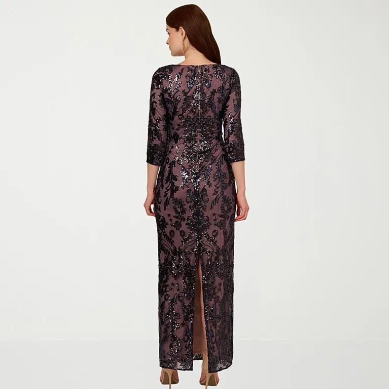 Papell Boutique Womens V Neck 3/4 Sleeve Fitted Beaded Embellished Evening Gown