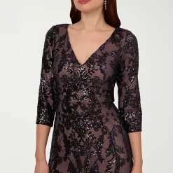 Papell Boutique Womens V Neck 3/4 Sleeve Fitted Beaded Embellished Evening Gown