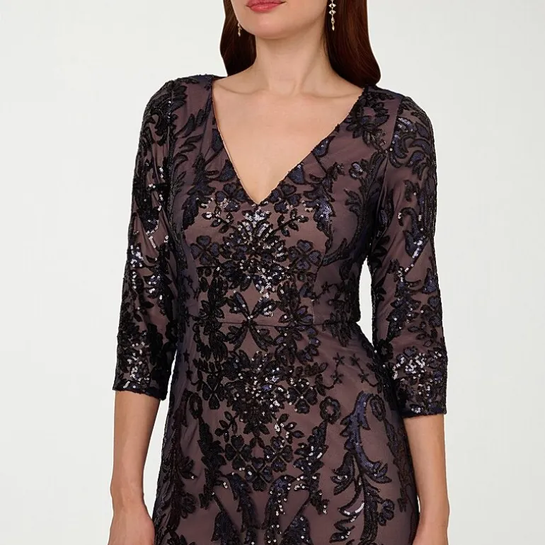 Papell Boutique Womens V Neck 3/4 Sleeve Fitted Beaded Embellished Evening Gown