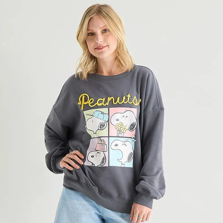 Peanuts Crew Fleece Womens Juniors Crew Neck Long Sleeve Peanuts Sweatshirt