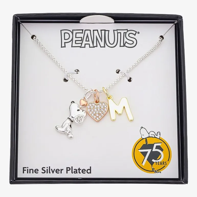 Peanuts Initial Womens Cubic Zirconia 10K Gold Over Brass Pure Silver Over Brass Heart 16 Inch Charm Pendant Necklace