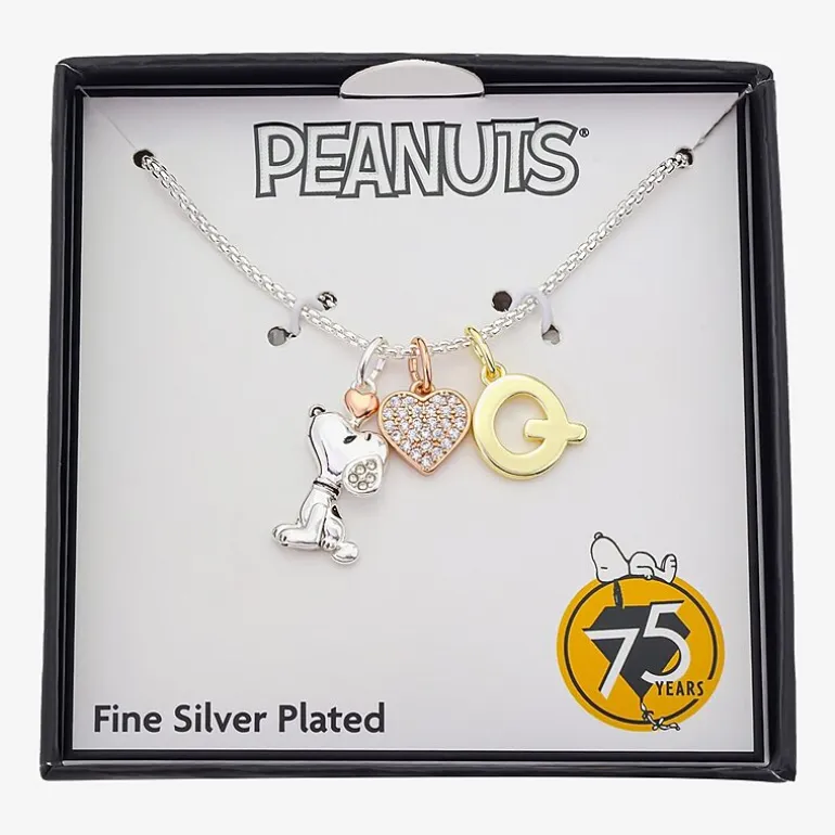 Peanuts Initial Womens Cubic Zirconia 10K Gold Over Brass Pure Silver Over Brass Heart 16 Inch Charm Pendant Necklace