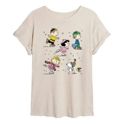 Peanuts Skating Tee Womens Juniors Scoop Neck Short Sleeve Oversized Peanuts Graphic T-Shirt