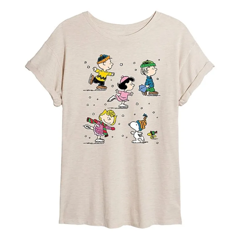 Peanuts Skating Tee Womens Juniors Scoop Neck Short Sleeve Oversized Peanuts Graphic T-Shirt