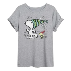 Peanuts Snoopy And Woodstock Skating Tee Womens Juniors Scoop Neck Short Sleeve Oversized Peanuts Snoopy Graphic T-Shirt