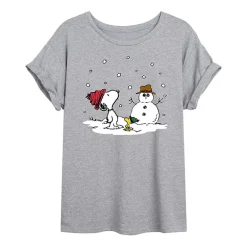 Peanuts Snoopy And Woodstock Snowman Tee Womens Juniors Scoop Neck Short Sleeve Oversized Peanuts Snoopy Graphic T-Shirt