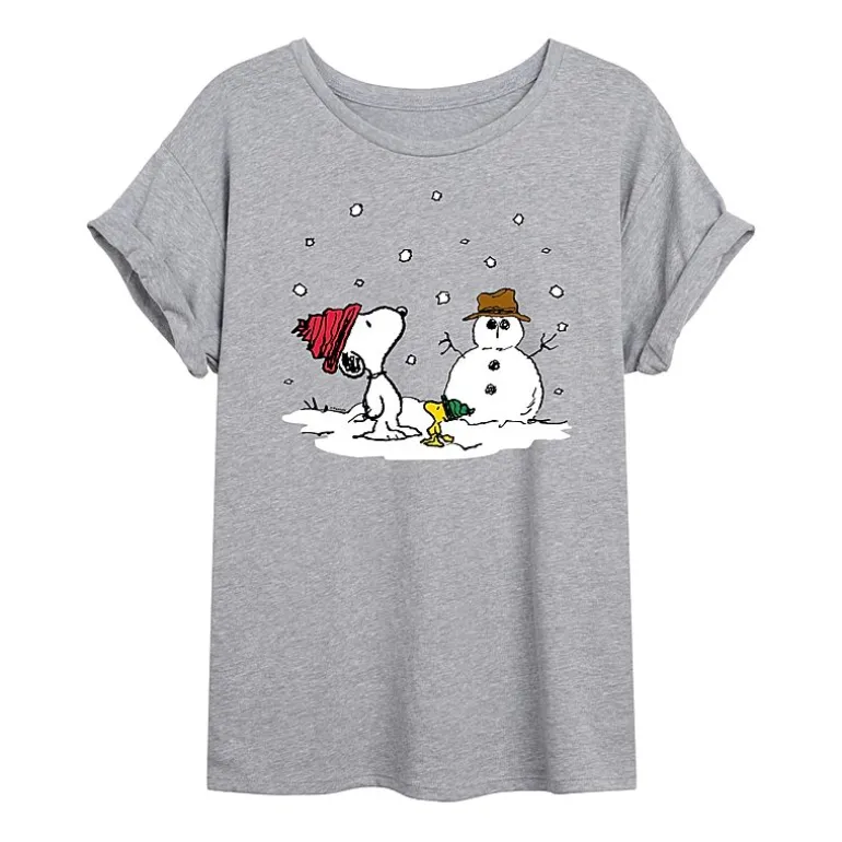Peanuts Snoopy And Woodstock Snowman Tee Womens Juniors Scoop Neck Short Sleeve Oversized Peanuts Snoopy Graphic T-Shirt