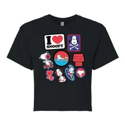 Peanuts Snoopy Patches Tee Womens Juniors Crew Neck Short Sleeve Regular Fit Peanuts Snoopy Graphic T-Shirt