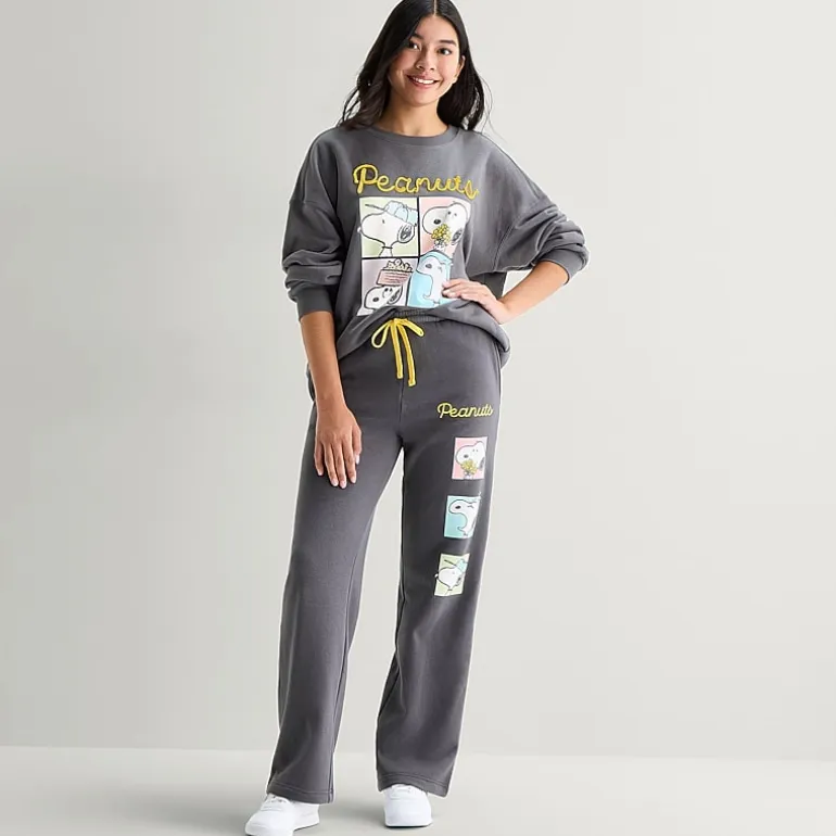 Peanuts Sweatpant Womens Juniors Wide Leg High Rise Peanuts Fleece Sweatpant