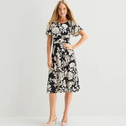 Perceptions Womens Midi Crew Neck Short Sleeve Flutter Floral Fit + Flare Dress