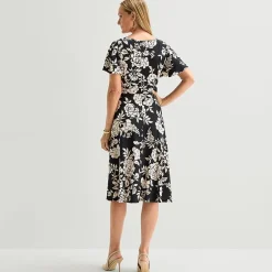 Perceptions Womens Midi Crew Neck Short Sleeve Flutter Floral Fit + Flare Dress