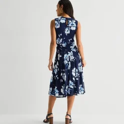 Perceptions Womens Midi Crew Neck Sleeveless Floral Fit + Flare Dress