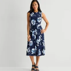 Perceptions Womens Midi Crew Neck Sleeveless Floral Fit + Flare Dress