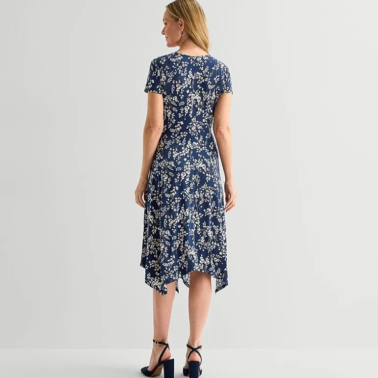 Perceptions Womens Midi V Neck Short Sleeve Floral Fit + Flare Dress