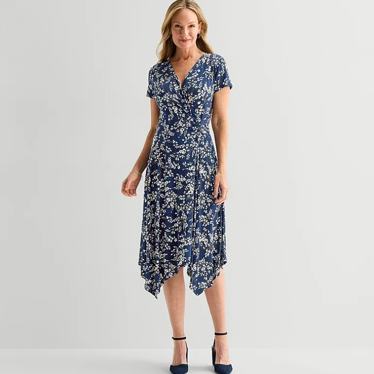 Perceptions Womens Midi V Neck Short Sleeve Floral Fit + Flare Dress