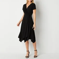 Perceptions Womens Midi V Neck Short Sleeve Fit + Flare Dress