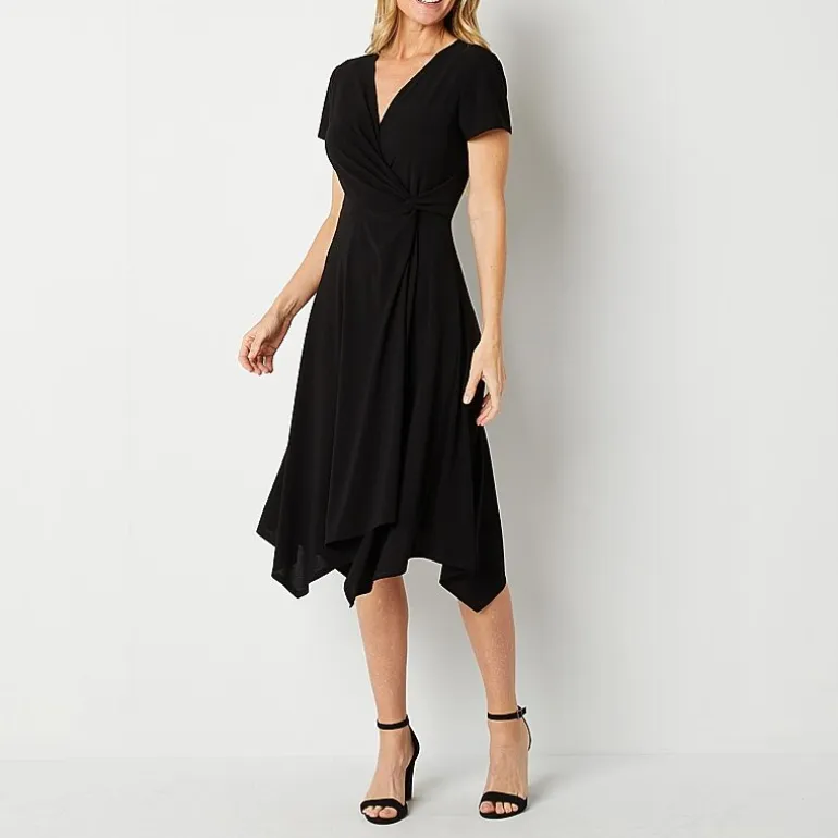 Perceptions Womens Midi V Neck Short Sleeve Fit + Flare Dress