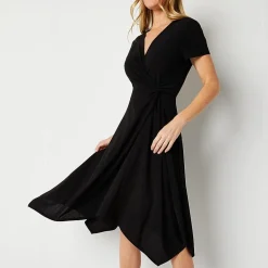 Perceptions Womens Midi V Neck Short Sleeve Fit + Flare Dress