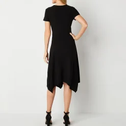 Perceptions Womens Midi V Neck Short Sleeve Fit + Flare Dress