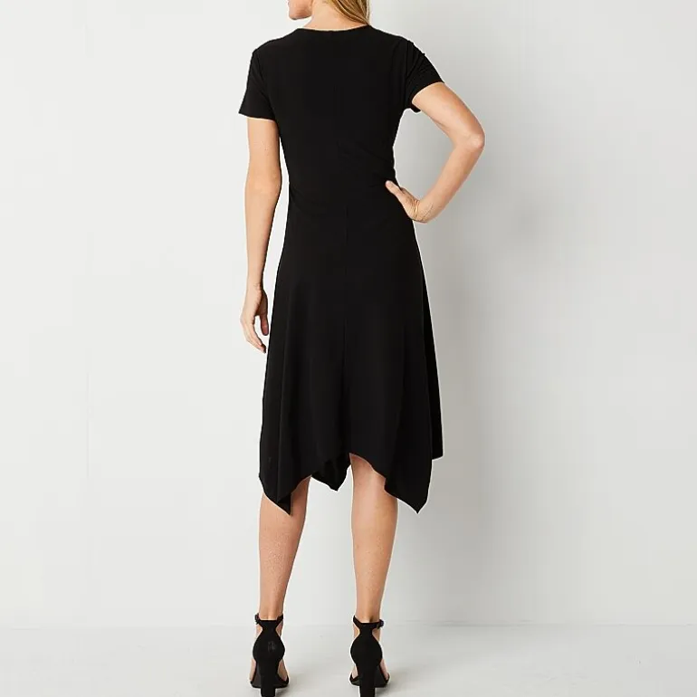 Perceptions Womens Midi V Neck Short Sleeve Fit + Flare Dress