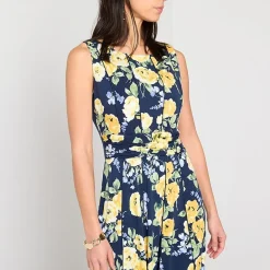 Perceptions Womens Petite Midi Round Neck Sleeveless Floral Fit + Flare Dress
