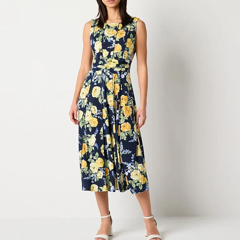 Perceptions Womens Petite Midi Round Neck Sleeveless Floral Fit + Flare Dress