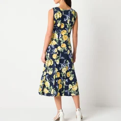 Perceptions Womens Petite Midi Round Neck Sleeveless Floral Fit + Flare Dress