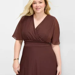 Perceptions Womens Plus Midi V Neck Short Sleeve Cape Fit + Flare Dress