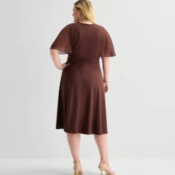 Perceptions Womens Plus Midi V Neck Short Sleeve Cape Fit + Flare Dress