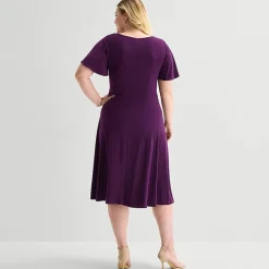 Perceptions Womens Plus Midi Round Neck Short Sleeve Flutter Fit + Flare Dress