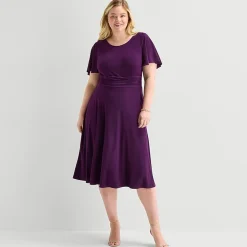 Perceptions Womens Plus Midi Round Neck Short Sleeve Flutter Fit + Flare Dress