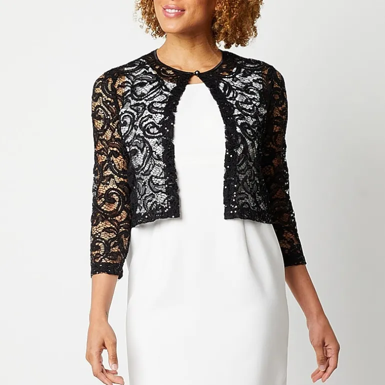 Perceptions Womens 3/4 Sleeve Sequin Lace Shrug