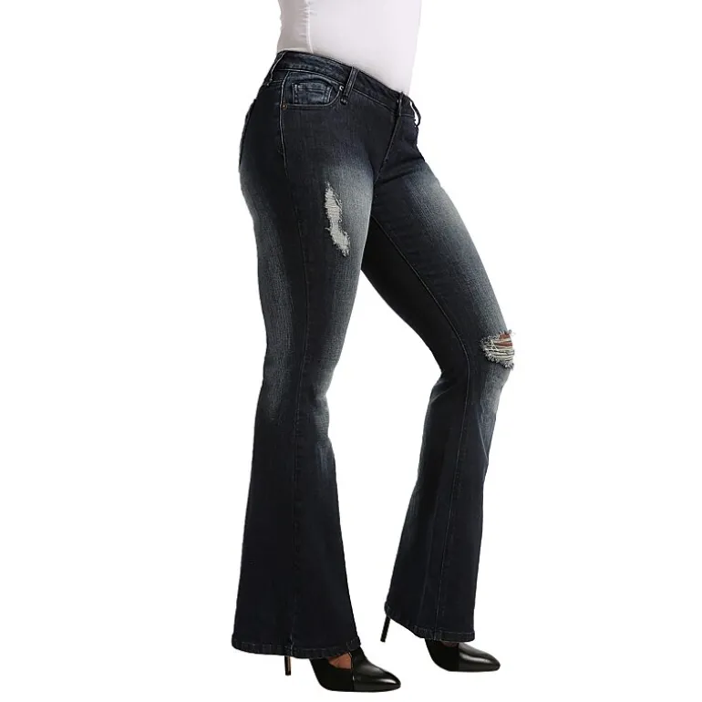 Poetic Justice Womens Mid Rise Ripped Stretch Fabric Curvy Fit Flare Leg Jean