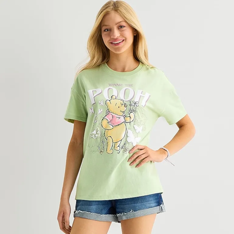Pooh Boyfriend Tee Womens Juniors Crew Neck Short Sleeve Loose Fit Winnie The Pooh Graphic T-Shirt
