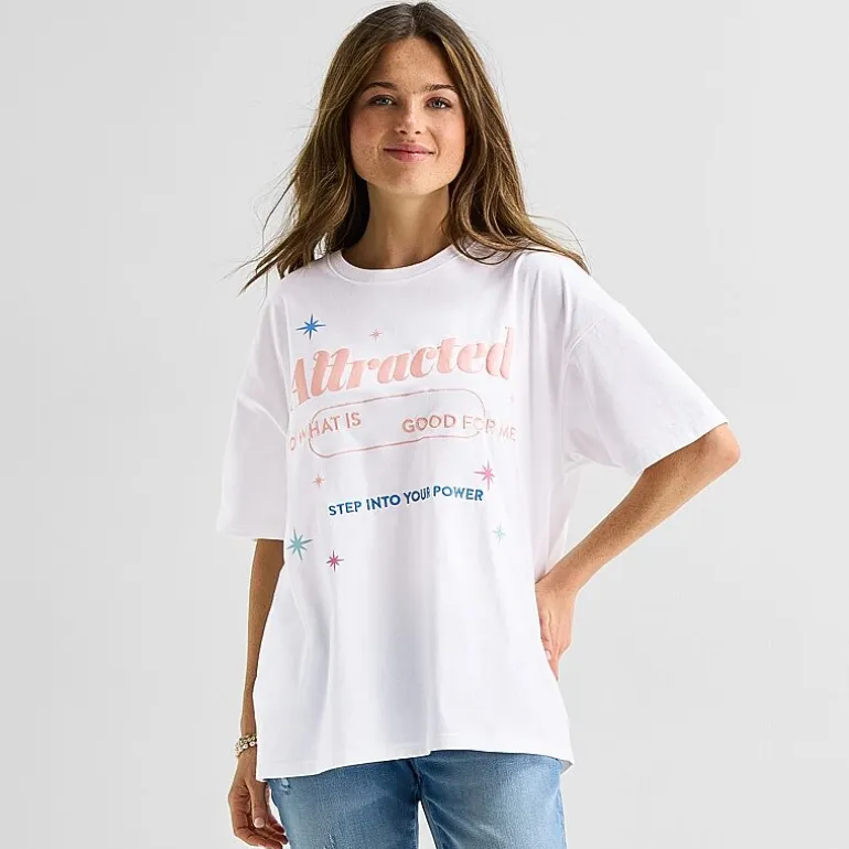 Positive Tee Womens Juniors Crew Neck Short Sleeve Oversized Graphic T-Shirt