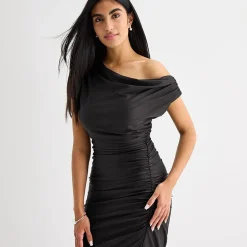 Premier Amour One Shoulder Womens Midi Asymmetrical Neck Short Sleeve Sheath Dress