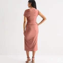 Premier Amour One Shoulder Womens Midi Asymmetrical Neck Short Sleeve Sheath Dress