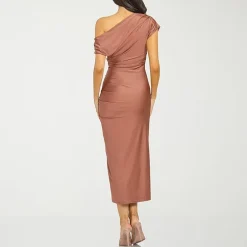 Premier Amour One Shoulder Womens Midi Asymmetrical Neck Short Sleeve Sheath Dress
