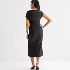 Premier Amour One Shoulder Womens Midi Asymmetrical Neck Short Sleeve Sheath Dress