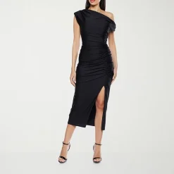 Premier Amour One Shoulder Womens Midi Asymmetrical Neck Short Sleeve Sheath Dress