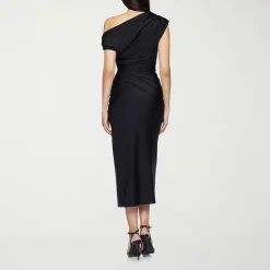 Premier Amour One Shoulder Womens Midi Asymmetrical Neck Short Sleeve Sheath Dress
