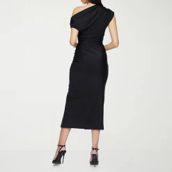 Premier Amour One Shoulder Womens Midi Asymmetrical Neck Short Sleeve Sheath Dress