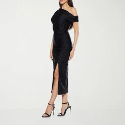 Premier Amour One Shoulder Womens Midi Asymmetrical Neck Short Sleeve Sheath Dress