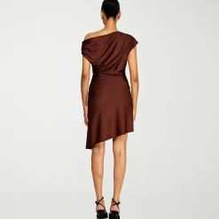 Premier Amour Womens Asymmetrical Neck Sleeveless Off the Shoulder Fit + Flare Dress