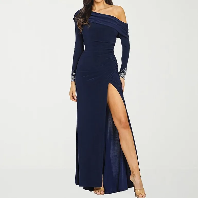 Premier Amour Womens Asymmetrical Neck Long Sleeve Off the Shoulder Embellished Evening Gown