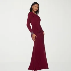 Premier Amour Womens Asymmetrical Neck Long Sleeve Off the Shoulder Embellished Evening Gown